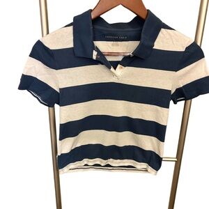 American Eagle Striped Polo Shirt. Blue and White. Cropped. Size M